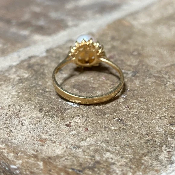 SOLID 14KT GOLD Ring Genuine Pearl with Natural Diamond Halo - Picture 7 of 11